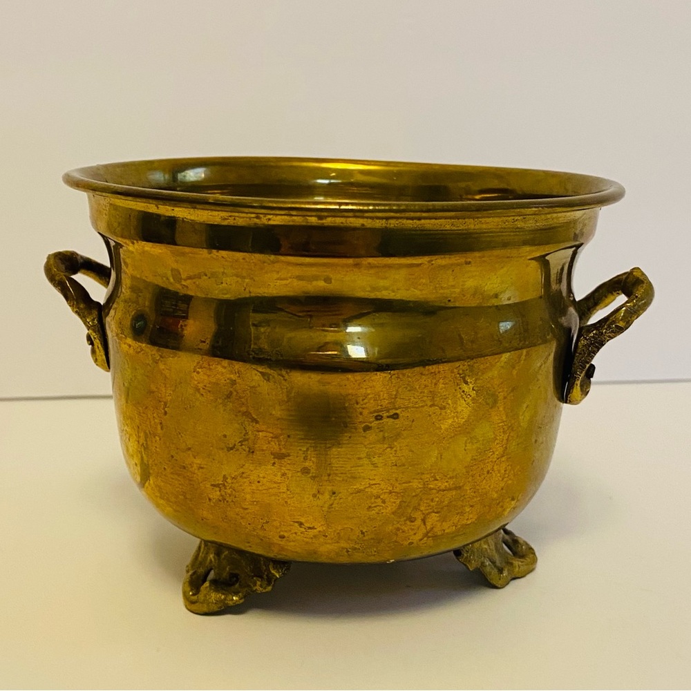 Vintage Ornate Brass Kettle Bowl With Handles and Feet, Made in India